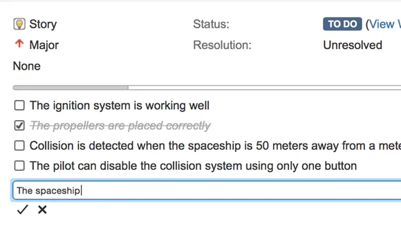 Checklist inline editing screen showing WYSIWYG interface for updating checklist items in Jira