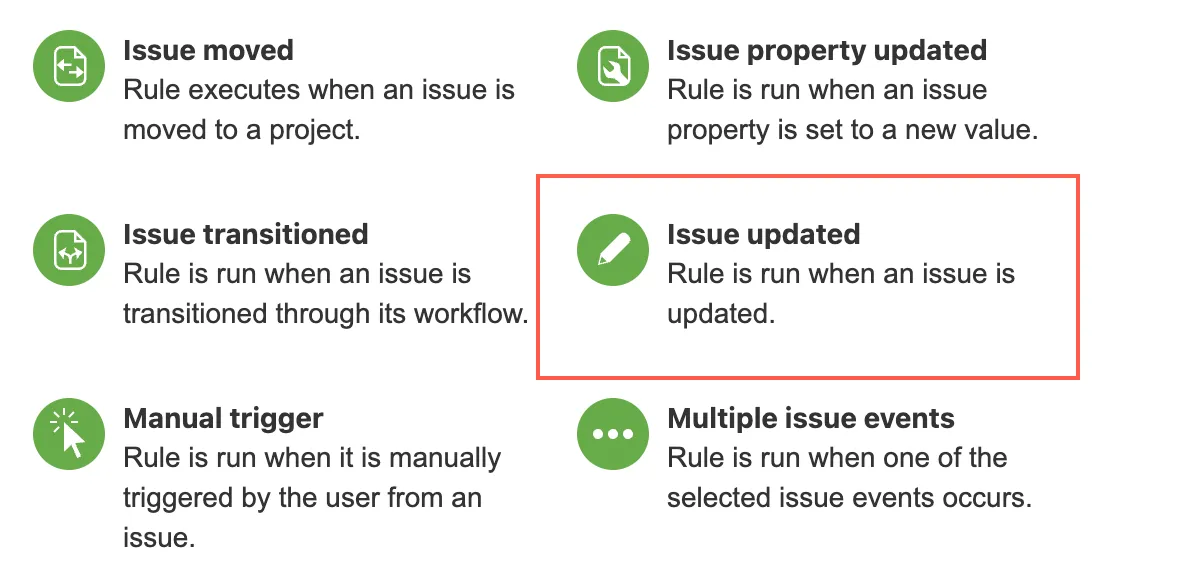 Automation for Jira rule configuration screen showing Issue updated selected as the trigger