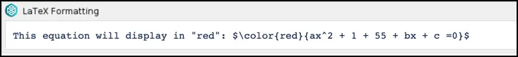 LaTeX code example showing use of a color parameter to render an equation in red