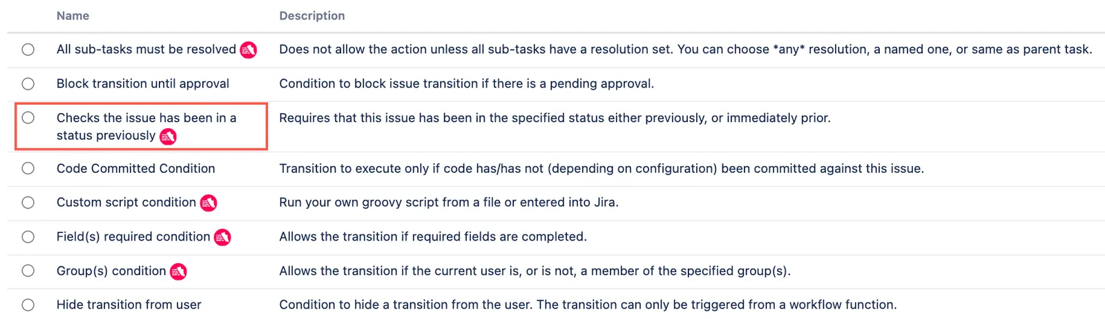 Checks the issue has been in a status previously condition icon