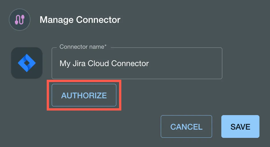 The Authorize button in the Manage Connector dialog.