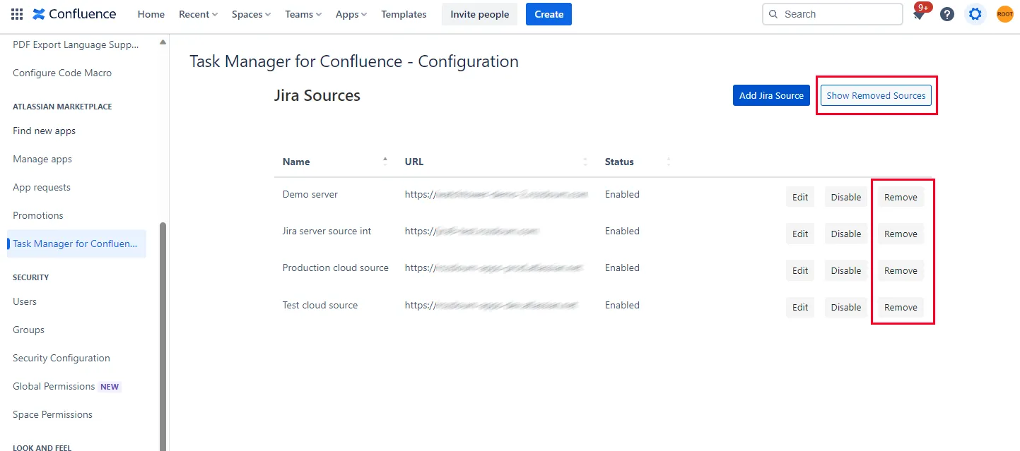 Task Manager for Confluence configuration page showing the Remove button for a source