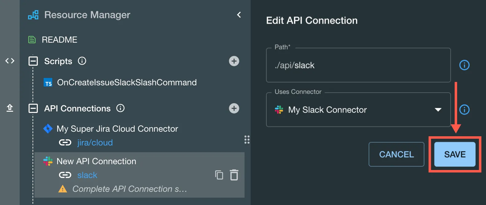 The Save option highlighted in the Edit API Connection dialog.