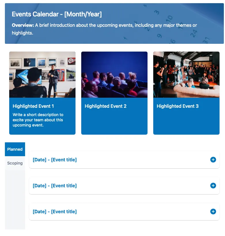 Published Events Calendar template