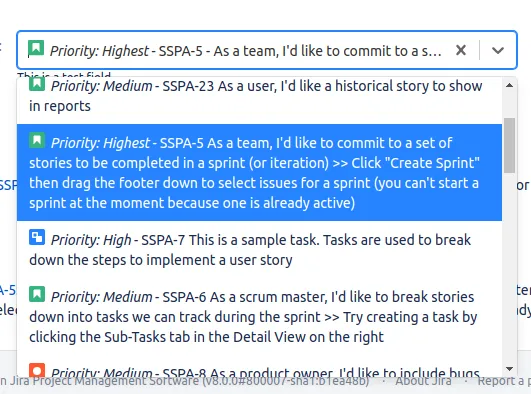Issue picker drop-down showing custom HTML that prefixes each result with its Priority value.