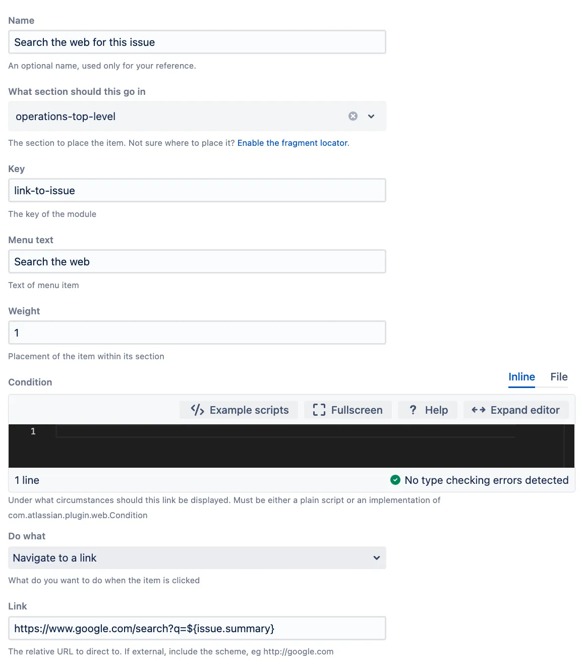 Jira web item configuration screen showing a Google search link for the current issue summary