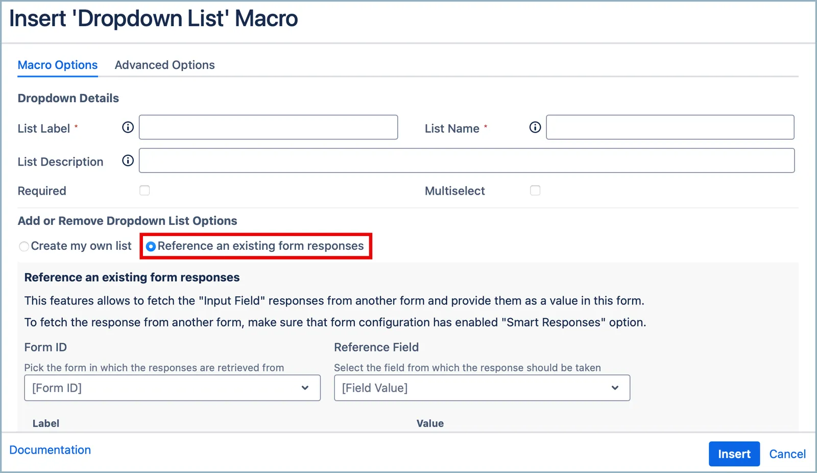 Form builder interface showing the option to reference an existing form's response