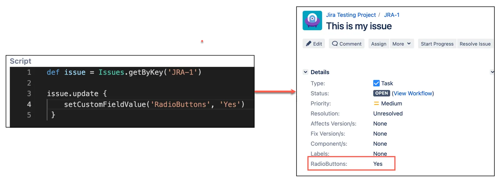Screenshot of the issue.update command setting the 'My radio buttons' custom field to the 'Yes' option in the Jira interface.