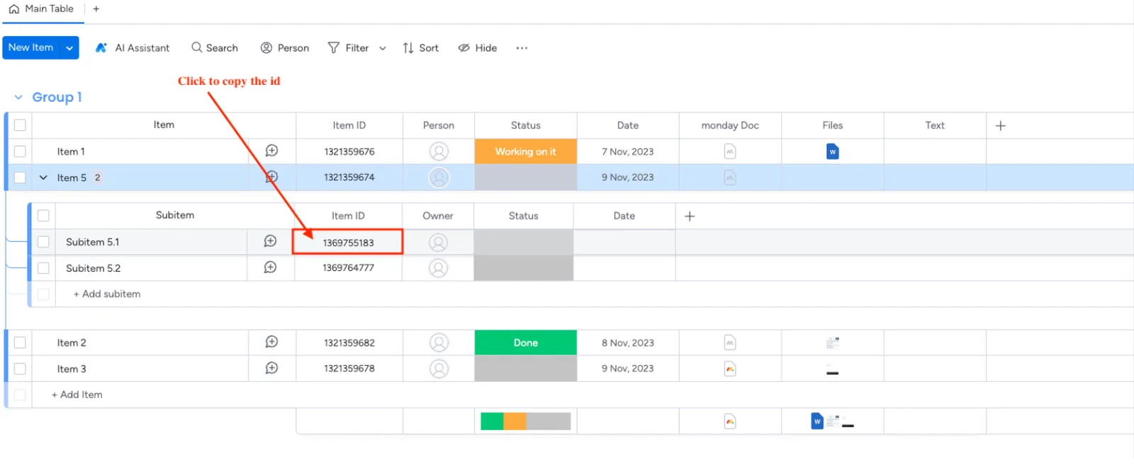 Item IDs shown in the associated column on Monday.com.