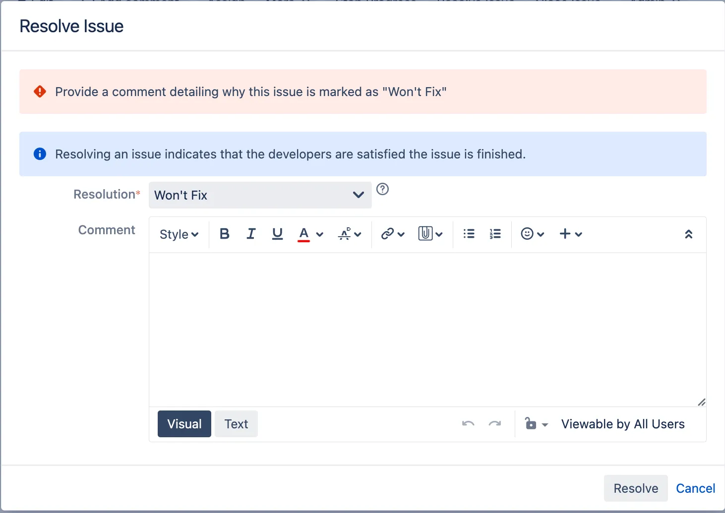 Error shown when comment is missing