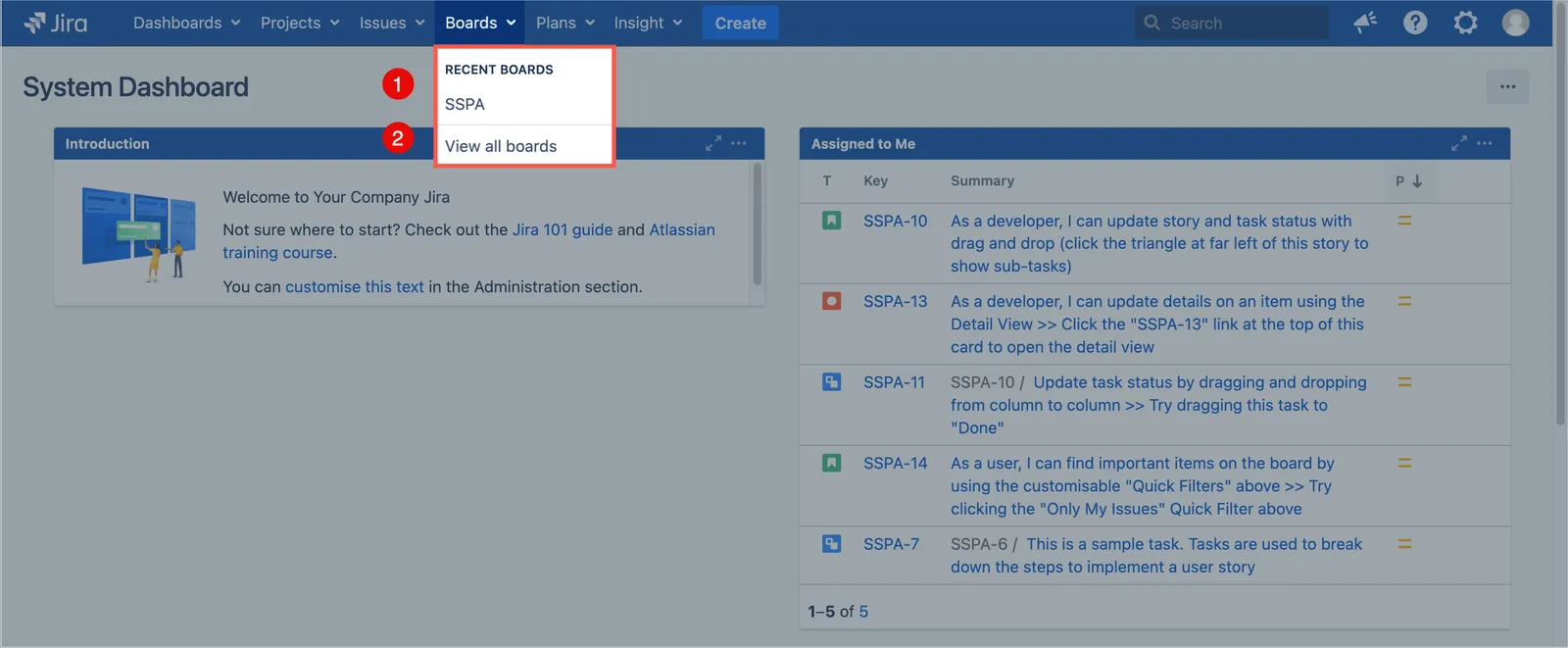 Jira Boards menu showing the Boards dropdown and the list of recently viewed boards.