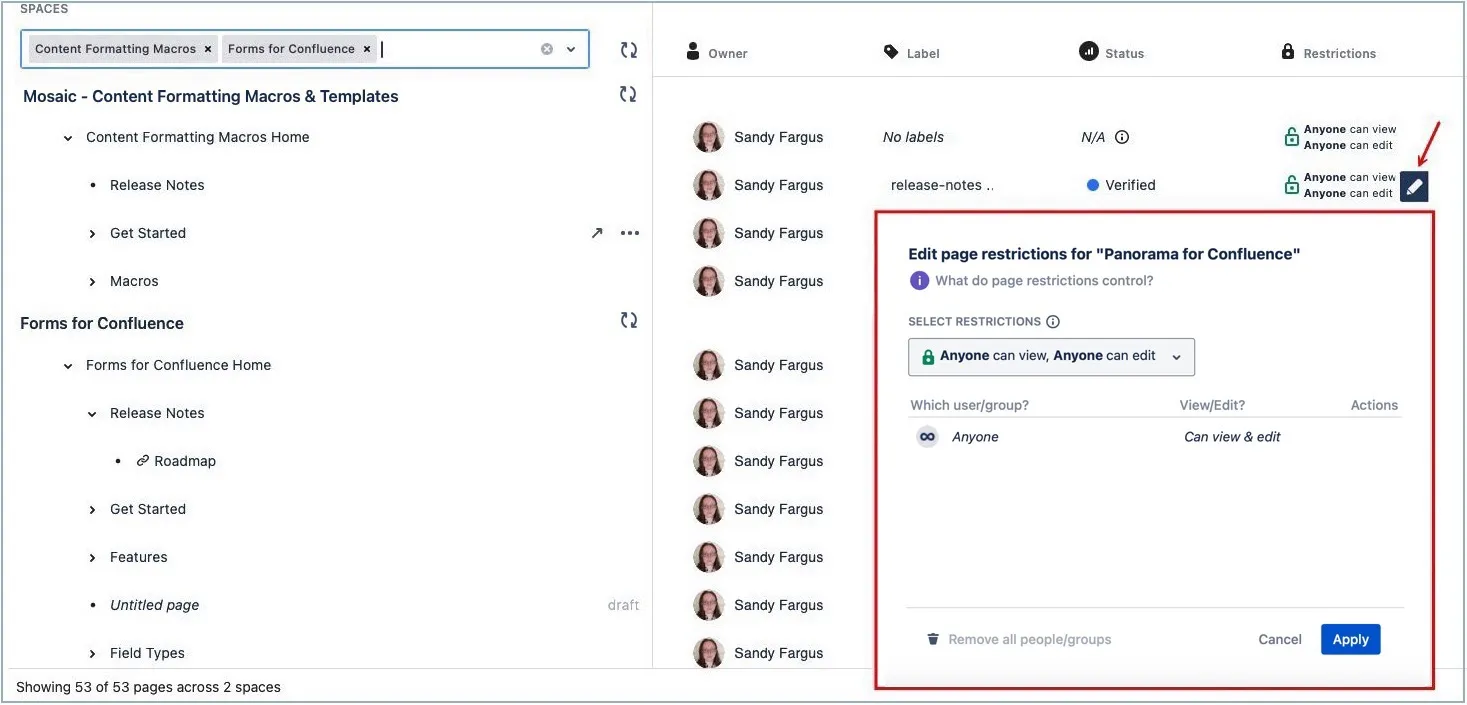 Restrictions column with edit icon highlighted for a single page