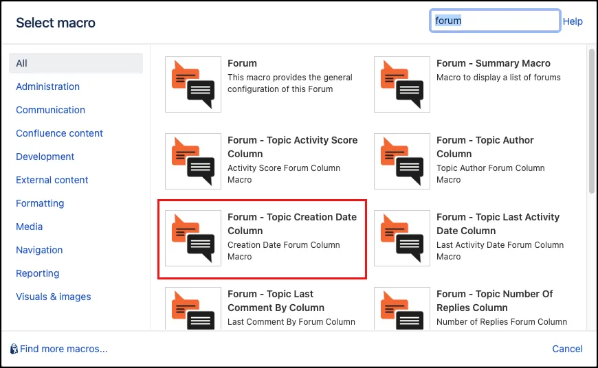 Forum - Topic Creation Date Column macro highlighted in the Other Macros menu search results