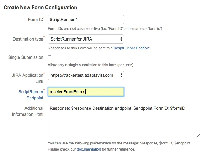 Form configuration screen showing Destination type set to ScriptRunner for JIRA and the ScriptRunner Endpoint field where form data will be posted