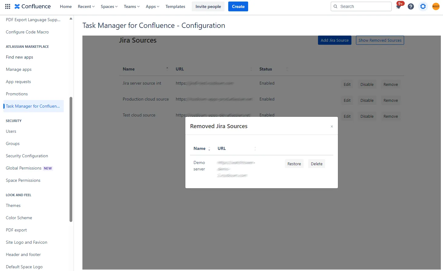 Show removed sources window in Task Manager for Confluence with Restore and Delete buttons for a selected source