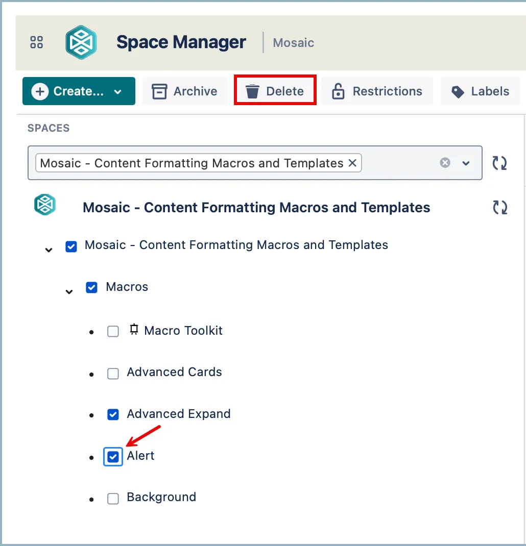 Delete button in the page selection interface