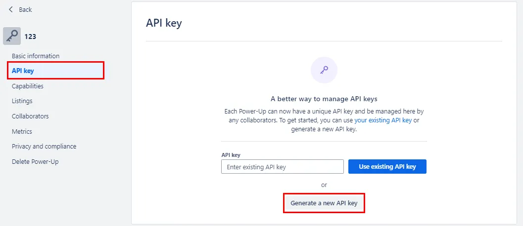Image of the API key screen with options highlighted