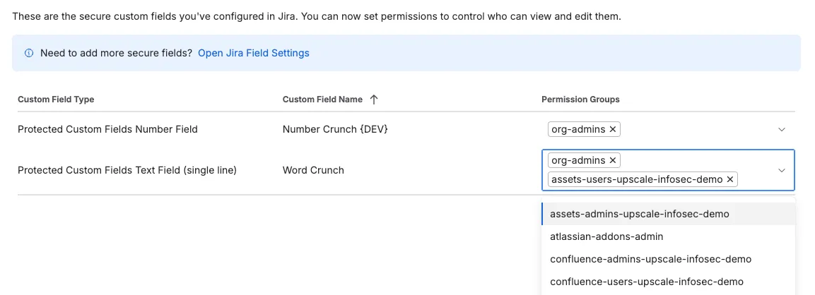 Permissions groups being added to the Protected Custom Field in the Protected Custom Field admin section.