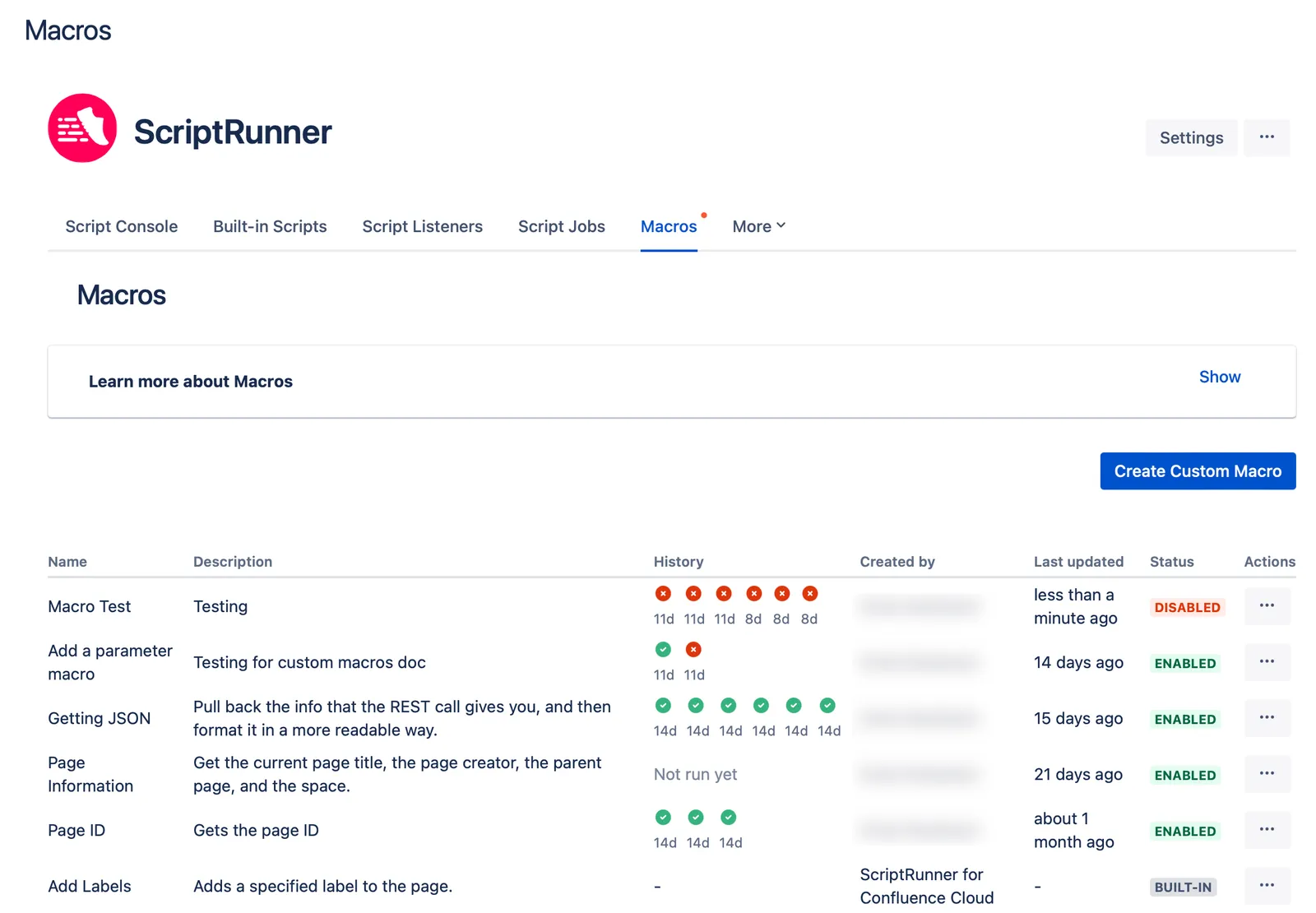 The ScriptRunner Macros screen.