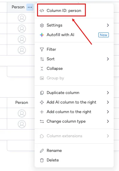 Get the column ID from the three-dot menu