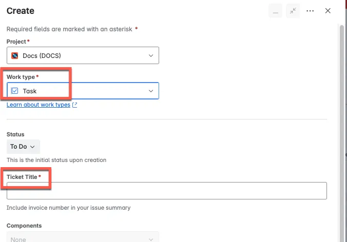 Jira Create work item screen showing the Summary field renamed to Ticket Title in the Docs space.