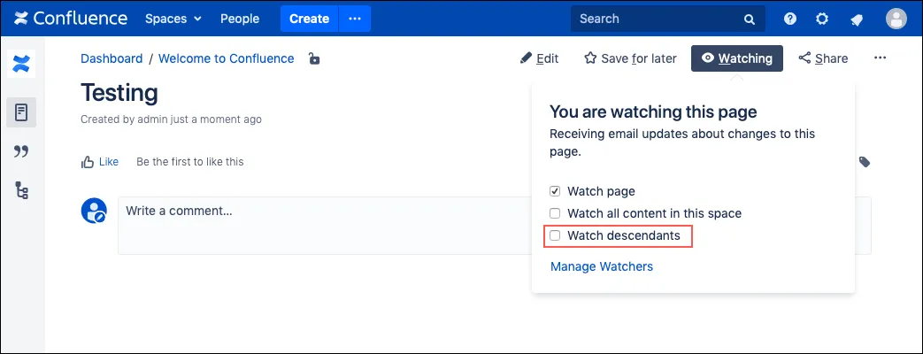 The Watch descendants checkbox option, highlighted in the Watching dialog.