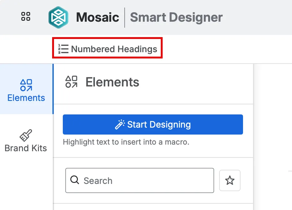 Numbered Headings Button highlighted on Smart Designer canvas.
