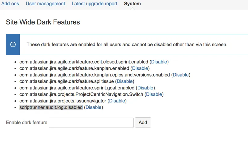 Dark feature configuration page showing the scriptrunner.audit.log.disabled key added in the Enable Dark Feature field.