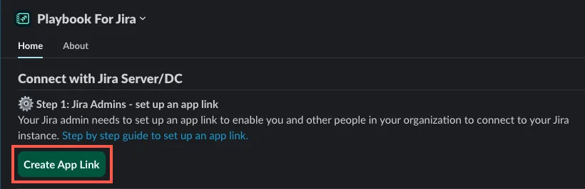 Screenshot of connect with Jira Server option, showing Create App Link button.