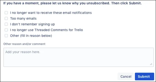 Unsubscribe questionnaire form with fields and Submit button