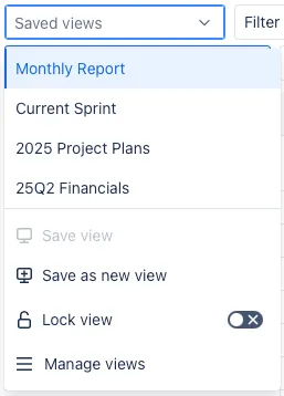 A screenshot showing the list of saved views under the Saved vuews dropdown.