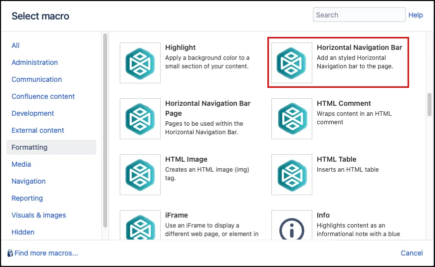 Macro Browser showing the Horizontal Navigation Bar macro selected
