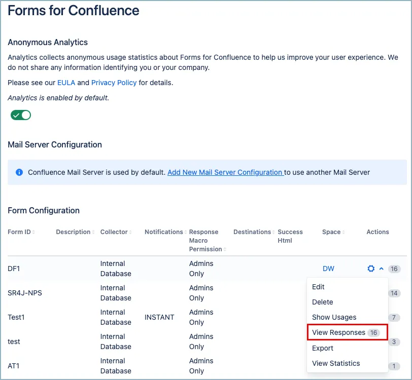 Confluence Forms for Confluence configuration screen showing the cog icon menu with the View Responses option highlighted