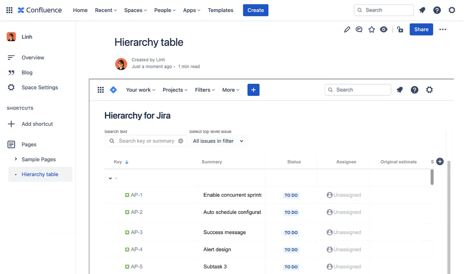 Screenshot showing a Hierarchy for Jira tree embedded on a Confluence page after publishing.