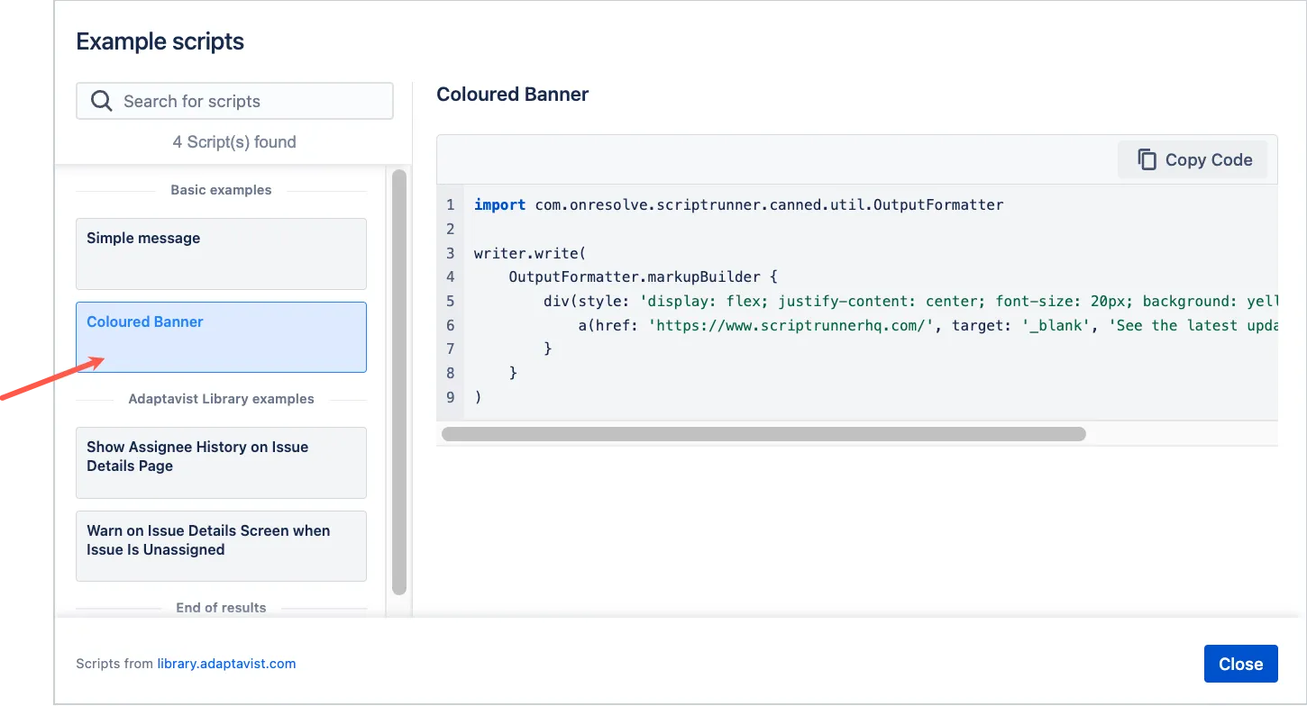 Example scripts modal with colour banner example highlighted