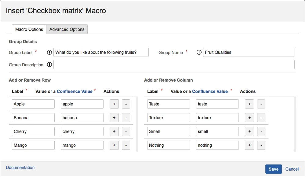 Checkbox Matrix macro configuration dialog showing columns and rows with Label and Value fields for each checkbox option