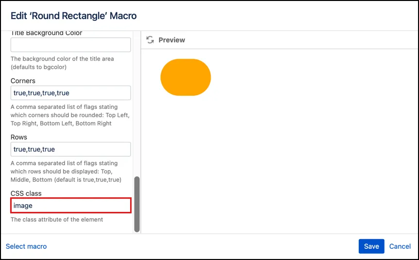 Confluence Div macro settings showing the Class field set to image