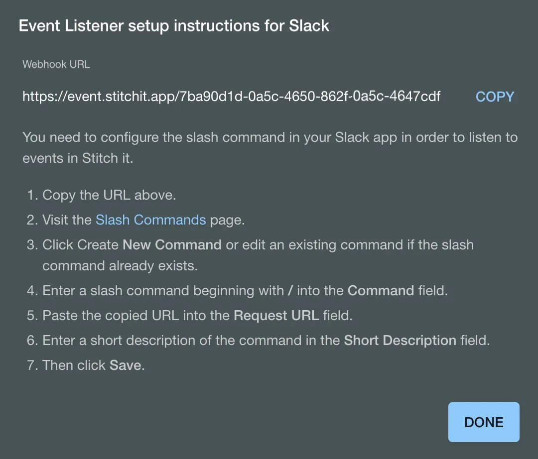 A screenshot of the Event Listener Setup Instructions for Slack wizard.