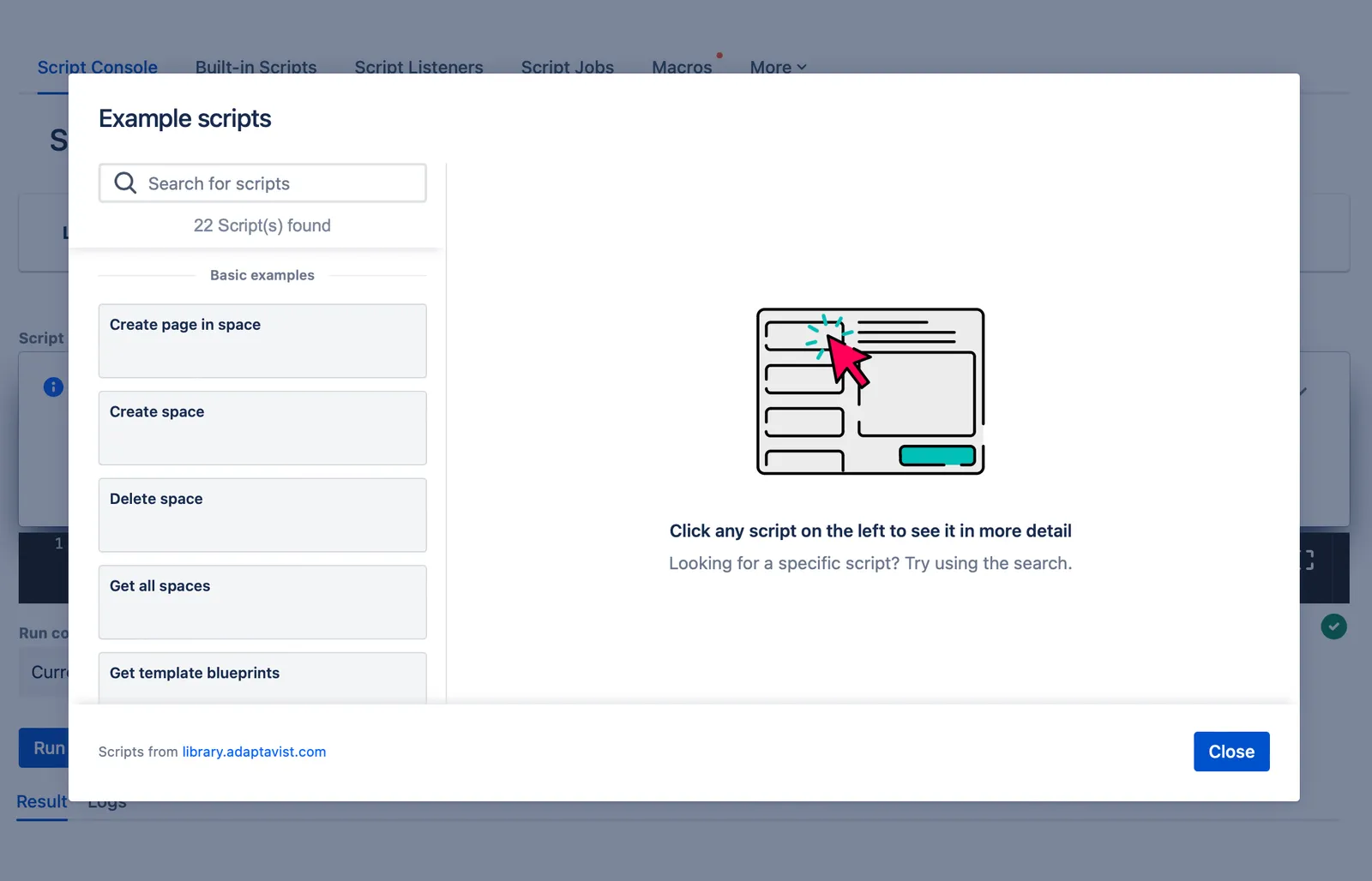 The Example scripts window.