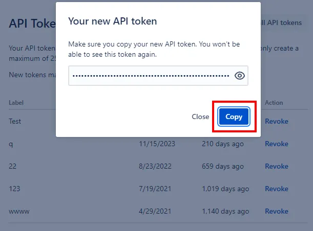 Image of the Copy button highlighted in the Your new API token pop-up