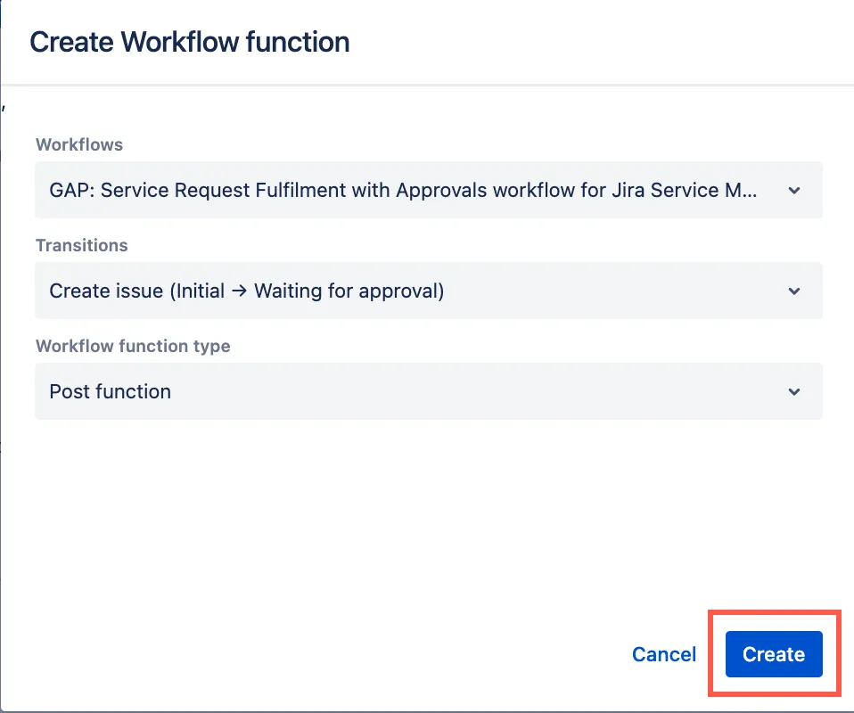 ScriptRunner Create Workflow Function screen showing the Post function workflow function type selected and the Create button highlighted