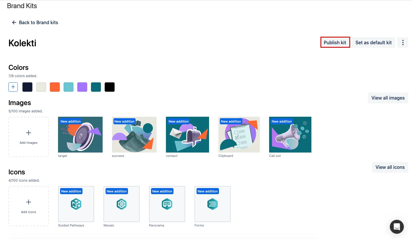 Publish kit button inside brand kit.