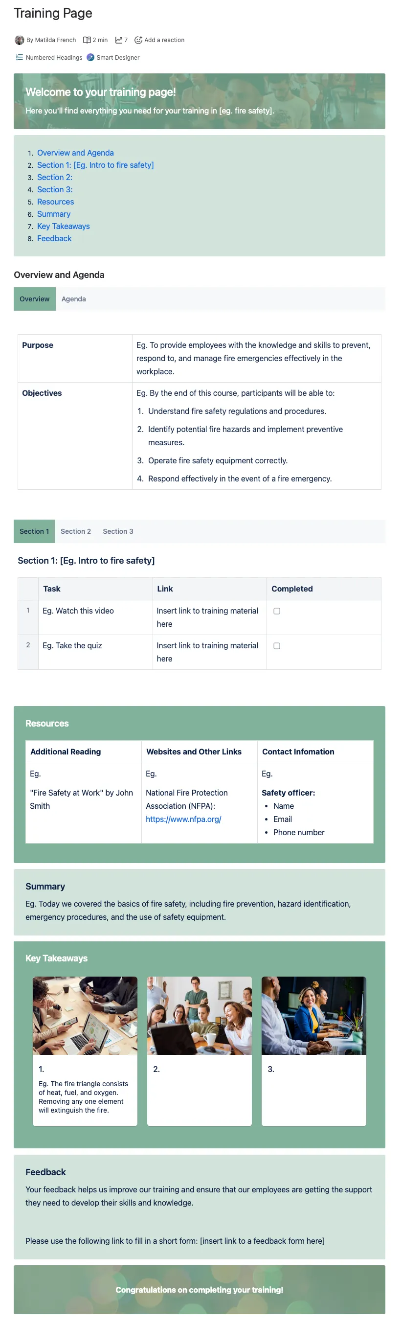 Published training page template