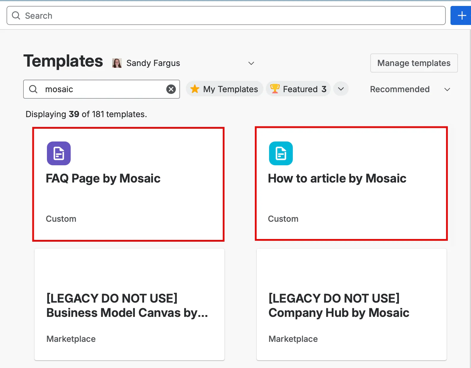 Template list showing legacy templates renamed with the prefix "[LEGACY DO NOT USE] – Template Name."
