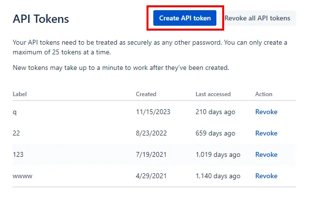 Image of Create API token button highlighted