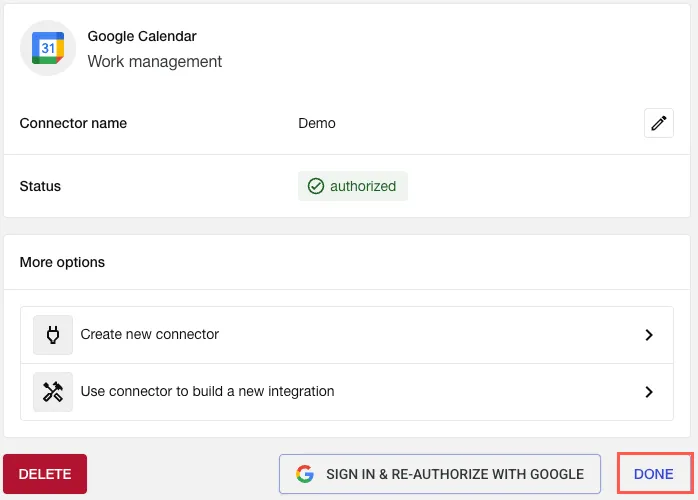 The Done option highlighted in the Manage Connector dialog screen.