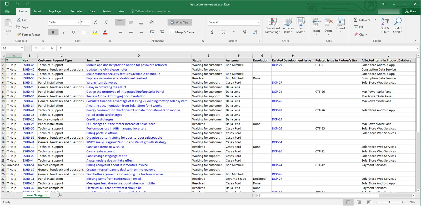 Excel export showing ScriptRunner Script Fields data in the Better Excel Exporter spreadsheet