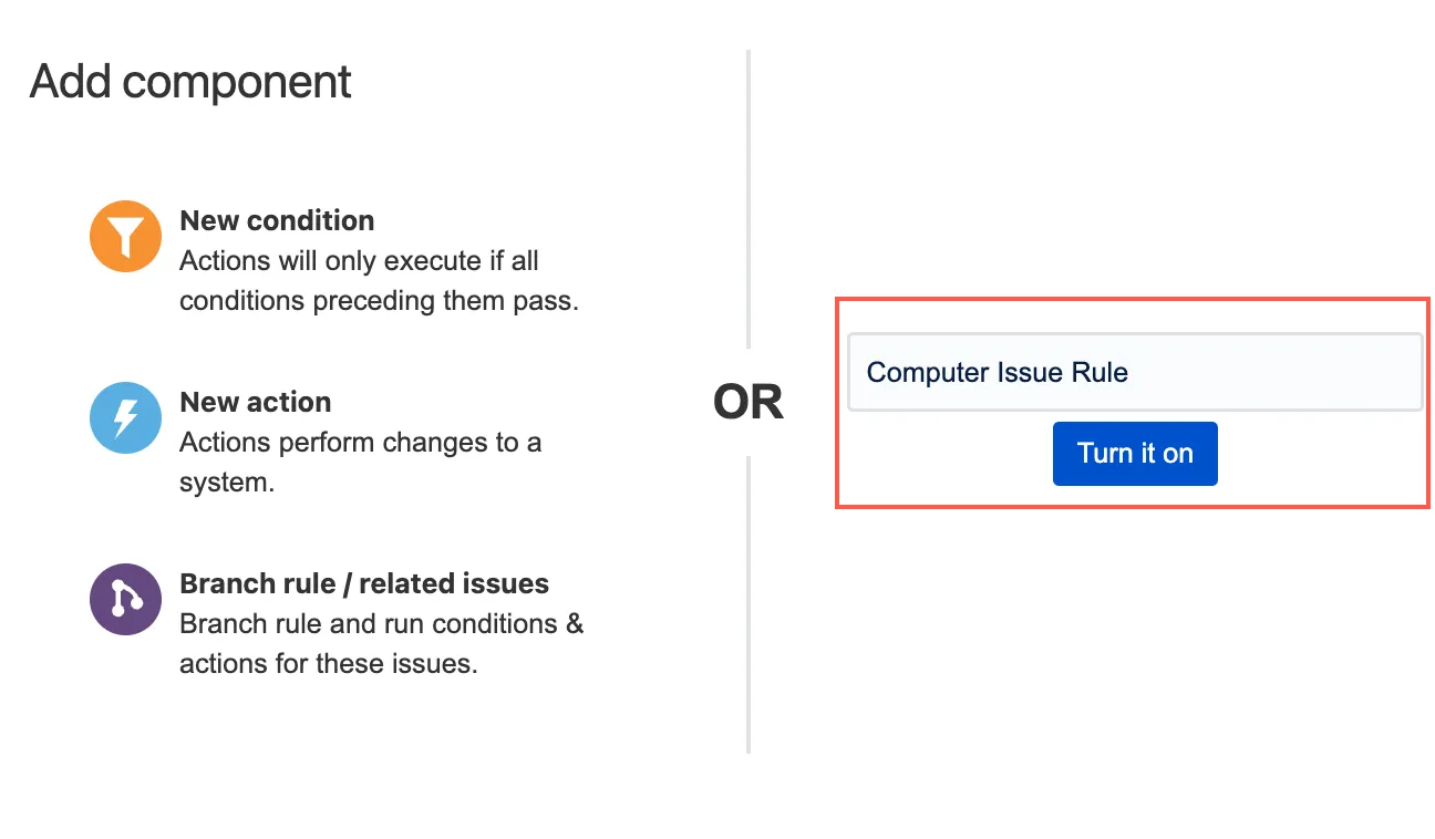 Automation for Jira rule configuration interface showing the rule name "Computer Issue Rule" and the Turn it on toggle selected