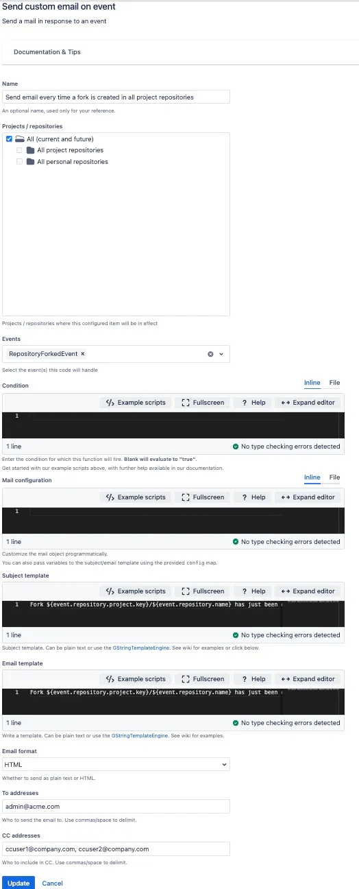 Configuration example of the repository fork listener