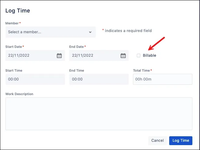Billable checkbox selected in the Log Time dialog
